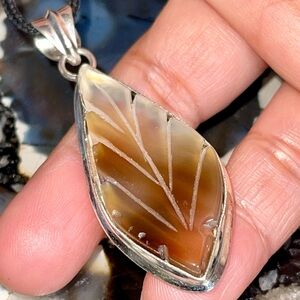 Carved Lightweight Yellow- Brown Onyx Leaf Pendant 2 1/4”